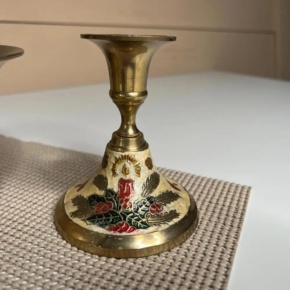 Vintage Brass Candle Holder & Bowl Set Christmas Enamel Made in India Holiday De